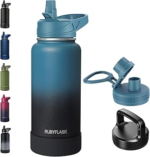 RUBYFLASK 32oz Insulated Water Bottle with Straw, Stainless Steel Metal Vacuum Water Flask, Large Thermal Water bottle with Leakproof 3 Lids for Travel, Camping, Gym Sports Indigo Black product image