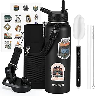 WixByti 40 oz Insulated Water Bottle with Straw (Cold for 36 Hrs), Stainless Steel Triple Wall Vacuum Sports Water Jug, Leakproof Hydro Cup Flask with Paracord Handle & Straw Spout Lids & DIY Stickers product image