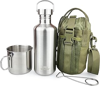 Canteen 42oz Single Wall Water Bottle with 24oz Nested Camping Cup and Carrier Bag, Stainless Steel, Bushcraft Gear, Wide Mouth Water Bottle, Survival Gear, Water Boiler, Self Reliance product image