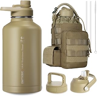 ONETIGRIS Tactical Half Gallon Water Bottle with Straw - 64 oz Vacuum Insulated Stainless Steel Water Jug, Leakproof Sport Bottle with 3 BPA Free Lids, Paracord Handle & MOLLE Water Pouch for Outdoor product image