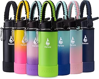 Farsea Insulated Water Bottle With Paracord Handle, Protective Boot and 2 Lids (Straw Lid & Spout Lid), Stainless Steel Water Bottle Wide Mouth, Double Wall Sweat-Proof BPA-Free, 18 oz product image
