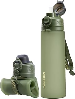 TakeToday Collapsible Water Bottles 20oz (600mL), Foldable Platinum Silicone Travel Water Bottle with Straw & Carry Strap, Leak-Resistant Screw Lid, Wide Mouth, BPA-Free for Hiking, Camping, Travel product image
