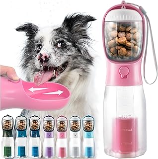 Portable Water Bottle for Dogs, 3 in 1 Pet Travel Bowl Dispenser with Food Treat Container & Poop Bag Holder, Summer Outdoor Walking Hiking Accessories for Large Dog On The Go - Pink, 20oz product image