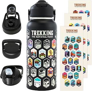 Trekking The National Parks Water Bottle with 63 Waterproof Stickers & 3 Lids (Straw, Spout, & Chug) | 32 Oz Insulated Wide Mouth Stainless Steel Bottle for Camping & Hiking | BPA-Free and Leak-Proof product image