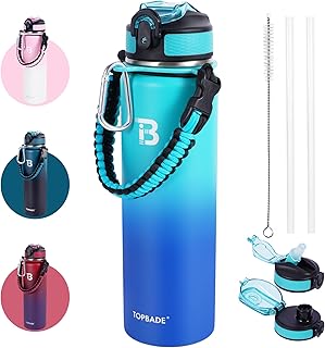 TOPBADE 32oz Insulated Water Bottle with Straw Lid & Spout Lid & Paracord Handle, Stainless Steel Water Bottle Wide Mouth, Double Wall for Women Men Gym Fitness Outdoor product image