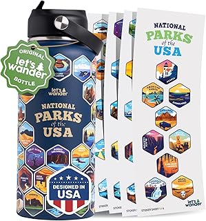 LET'S WANDER Original National Parks Water Bottle with 63 Waterproof Stickers - 32oz Leakproof Insulated Stainless Steel with Straw - USA Hiker Gift Bottle (Blue) product image