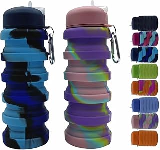 Collapsible Water Bottles 2 Pack 16oz(about 500ml), Travel Portable Sport Water Bottle, Silicone Foldable Water Bottles for Gym Camping Outdoor Hiking. (Blue Camouflage+Pink Camouflage) product image
