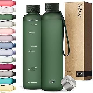 KIVY Slim Water Bottle 32oz [Lightweight & Shatterproof] Fits Backpack & Cupholder for Travel, Sports, School, Gym - Dark green - Gym water bottle screw top - Dishwasher Safe product image
