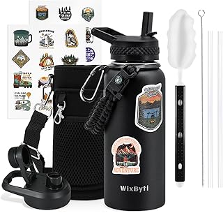 WixByti 32 oz Insulated Water Bottle with Straw (Cold for 24 Hrs), Stainless Steel Triple Wall Vacuum Sports Water Jug, Leakproof Hydro Cup Flask with Paracord Handle & Straw Spout Lids & DIY Stickers product image