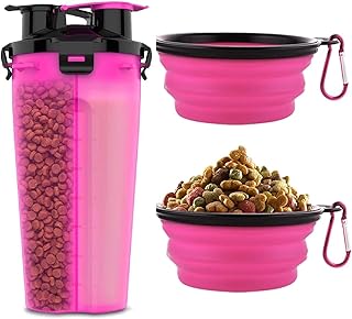Dog Travel Water Bottle W/Collapsible Bowls - Portable 2 in 1 Leakproof Pet Water Bottle Food Container Ideal for Travel, Outdoor Portable Water Bowls for Walking, Camping & Hiking - (Pink) product image