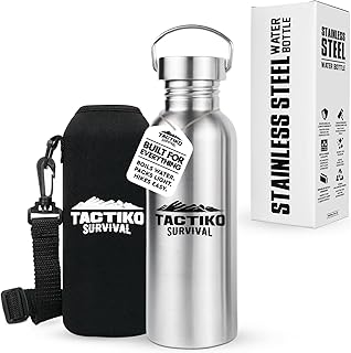 Tactiko Survival 25 oz/750 ml Stainless Steel Wide Mouth Water Bottle, Single Wall Boil-Safe, Leakproof, BPA-Free with Carry Sleeve and Strap for Camping, Hiking, Outdoor Prep (Black) product image