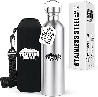 Tactiko Survival 51 oz/1500 ml Stainless Steel Wide Mouth Water Bottle, Single Wall Boil-Safe, Leakproof, BPA-Free with Carry Sleeve and Strap for Camping, Hiking, Outdoor Prep (Black) product image