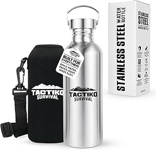 Tactiko Survival 34 oz/1000 ml Stainless Steel Wide Mouth Water Bottle, Single Wall Boil-Safe, Leakproof, BPA-Free with Carry Sleeve and Strap for Camping, Hiking, Outdoor Prep (Black) product image