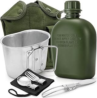 ZOOFOX Military Canteen, 1 Quart Portable Army Water Bottle with Aluminum Cup, Stainless Steel Spoon, Fork and Knife, Plastic Tactical Water Bottle for Military Hiking Camping Survival product image
