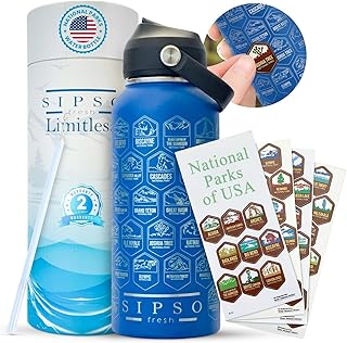 Hiking Gift Water Bottle – 32 oz Vacuum Insulated Stainless Steel National Park Water Bottle | 63 Waterproof Stickers & Premium Gift Box | Camping & Outdoor Adventure Gifts (Royal Blue) product image