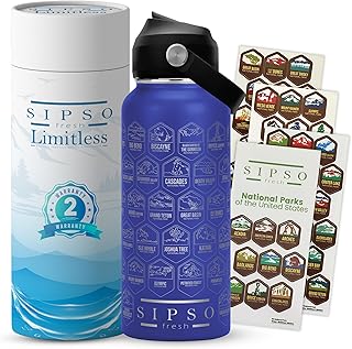 Hiking Gift Water Bottle – 32 oz Vacuum Insulated Stainless Steel National Park Water Bottle | 63 Waterproof Stickers & Premium Gift Box | Camping & Outdoor Adventure Gifts (Light Blue) product image
