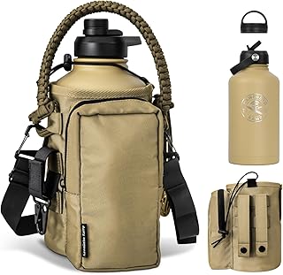 Half Gallon Water Bottle with Straw - 64 oz Stainless Steel Insulated Water Jug, Sport Bottle with 3 BPA Free Lids, Paracord Handle, Strap, Molle System for Outdoor Gym Hiking - Khaki product image
