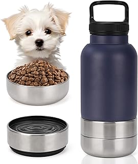 Dog Travel Water Bottle, 3 in 1 Stainless Steel Insulated Dog Water Bottle for Dogs, Portable Travel Dispenser with 2 Removable Bowls for Walking, Hiking, Camping, Outdoor (Dark Blue, 32OZ) product image