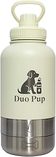 DuoPup 32oz Insulated Stainless Steel Pet Water & Food Bottle – Portable Leak-Resistant Dispenser with Two Detachable Bowls & Carrying Strap – Travel, Hiking & Outdoor Pet Hydration – White product image