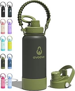 32 oz Insulated Water Bottle with 2 Lids (2-in-1 Straw & Spout Lid, Magnetic Lid), Slim Water Bottle with Strap, Stainless Steel Water Bottle for Hiking, Gym, Travel, BPA-Free, Army Green product image