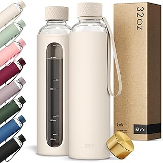 KIVY Glass Water Bottle with Silicone Sleeve 32 oz [WITH MEASUREMENT] - Borosilicate Glass Water Bottle Screw Top - Clear Bottles with Measurement Marking - Slim Waterbottle Aesthetic - Cream White product image
