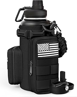 Tactical Water Bottle with Straw, 32 Oz Insulated Water Jug with Molle Water Bottle Holder, Stainless Steel Sport Bottle with 2 BPA Free Lids for Gym Workout Hiking (Black) product image