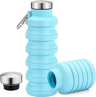 Collapsible Water Bottle,17oz Reuseable BPA Free Silicone Foldable Water Bottles for Travel Gym Camping Hiking Outdoor Indoor Sport-Light Blue product image