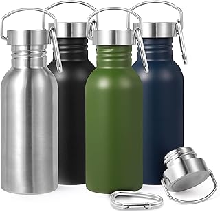 Volhoply 20oz Uninsulated Single Walled Water Bottles 4 Pack, Stainless Steel Reusable Water Bottle with Handle & Carabiner, BPA Free 18/8 304 Sports Water Bottles for Camping Hiking（Mix,4） product image
