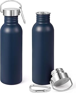 Volhoply 26oz Uninsulated Single Walled Water Bottles 2 Pack, Stainless Steel Reusable Water Bottle with Handle & Carabiner, BPA Free Wide Mouth Water Bottles for Gym Sports Camping(Navy,2) product image