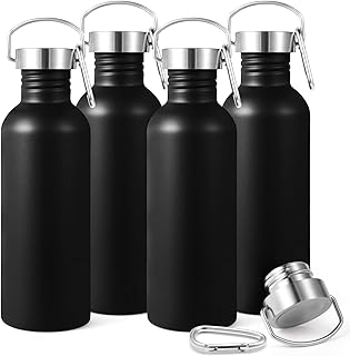 Volhoply 32oz Uninsulated Single Walled Water Bottles 4 Pack, Stainless Steel Sports Water Bottle with Handle & Carabiner, BPA Free Lightweight Water Bottles for Hiking, Biking, Running（Black,4） product image