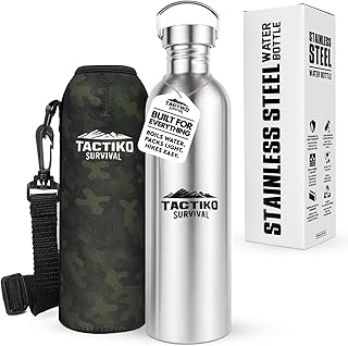 Tactiko Survival 51 oz/1500 ml Stainless Steel Wide Mouth Water Bottle, Single Wall Boil-Safe, Leakproof, BPA-Free with Carry Sleeve and Strap for Camping, Hiking, Outdoor Prep (Camo) product image