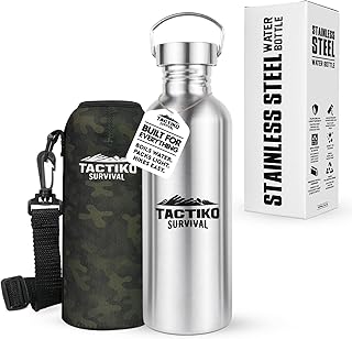 Tactiko Survival 34 oz/1000 ml Stainless Steel Wide Mouth Water Bottle, Single Wall Boil-Safe, Leakproof, BPA-Free with Carry Sleeve and Strap for Camping, Hiking, Outdoor Prep (Camo) product image
