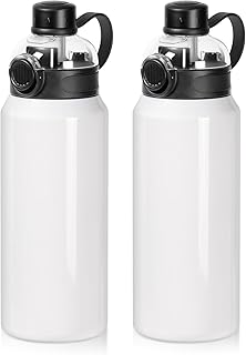PYD Life 2 Pack Sublimation Sports Insulated Water Bottle Blanks 32 OZ / 900 ML Vacuum Flask Jug Tumblers with Straw Spout Pop Lid and Silicone Handle for Gym,Hiking,Outdoors product image