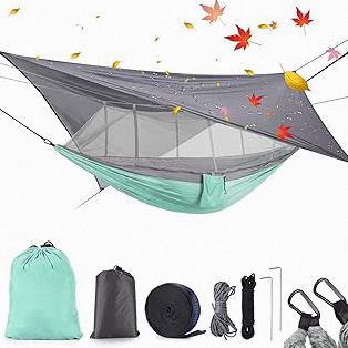 XL 2 Person Camping Hammock with Mosquito Net & Rain Fly - Compact Double Hammock with Bug Net, Tarp, Pocket, Tree Straps & Heavy Duty Carabiners - Parachute Grade Nylon Holds Over 600lbs product image