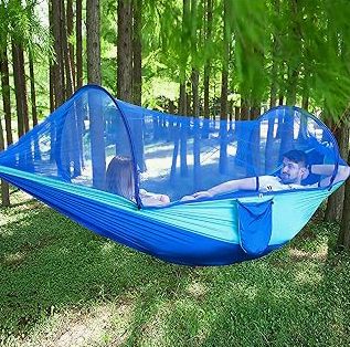 Durable Hammock 400 lb Capacity, Nylon Camping Hammock Chair - Double or Single Sizes w/Tree Straps and Attached Carry Bag - Portable for Travel/Backpacking/Beach/Backyard (Medium, Blue & Light Blue) product image