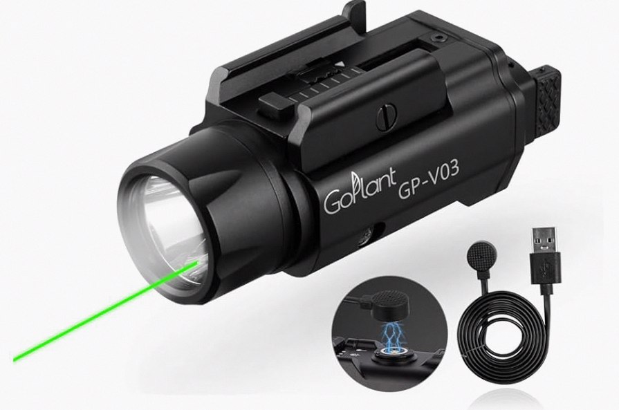 Gmconn 800 Lumen Tactical Flashlight Green Red Blue Laser Light Combo, Rechargeable Pistol Light with Strobe Function (Green Laser) product image