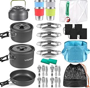 NutriChef Camping Cookware Set - Lightweight Nonstick Pots, Pans, Utensils, Bowls, Cutlery, and Cleaning Tools with Mesh Bag, Foldable Handles, Compact Outdoor Cooking Gear for Hiking & Travel (Grey) product image