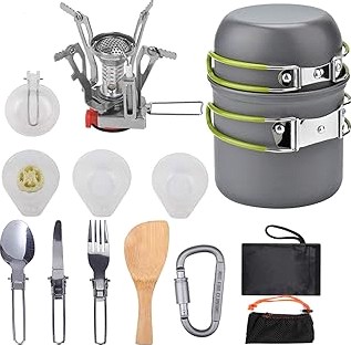 aiGear 8pcs Camping Cookware Mess Kit, Camping Pot and Pan Set with Mini Backpacking Stove, Stainless Steel Cup, Spork and Tank Bracket, Cooking Gear for Hiking Camping Outdoor Picnic product image