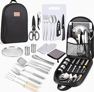 ALOCS Camping Cookware - 11 Piece Lightweight Camp Cooking Set with Portable Camping Stove & Gas Stove Burner - Durable Compact Camping Pot for Hiking Car Camping Vanlife RV product image