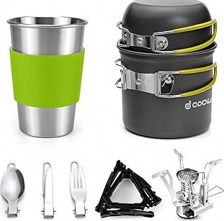 Odoland Camping Cookware Stove Carabiner Canister Stand Tripod and Stainless Steel Cup, Tank Bracket, Fork Spoon Kit for Backpacking, Outdoor Camping Hiking and Picnic product image