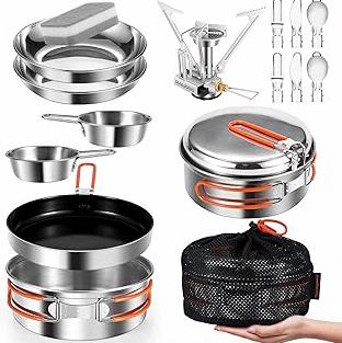 11Pcs Camping Cookware Set，Portable Camping Essentials with Accessories，Stainless Steel Lightweight Nonstick Pots、Pans、Bowls and Utensils for Backpacking RV Tailgating Cooking and Outdoor Cooking product image