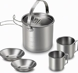 WEALERS Camping Cookware & Dinnerware Set- 17 Pieces Stainless Steel Pots and Pans Set with Plates, Bowls & Sporks in Travel Mesh Bag for Camping, Trekking, Backyard Picnic & Backpacking Gear product image