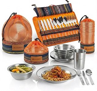 Odoland 10pcs Stainless Steel Camping Cookware Camping Pot and Pan Set with Portable Camping Stove Camping Mess Kit with Plates Bowls Forks Knives Spoons for Hiking Backpacking and Picnic product image