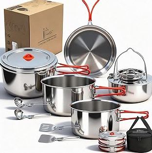 Odoland Camping Cookware Mess Kit, Camping Cooking Pot Fry Pan and 1.1L Kettle Set, Portable Camping Cookware Set with Mesh Bag for Camping, Backpacking, Outdoor Cooking and Picnic product image