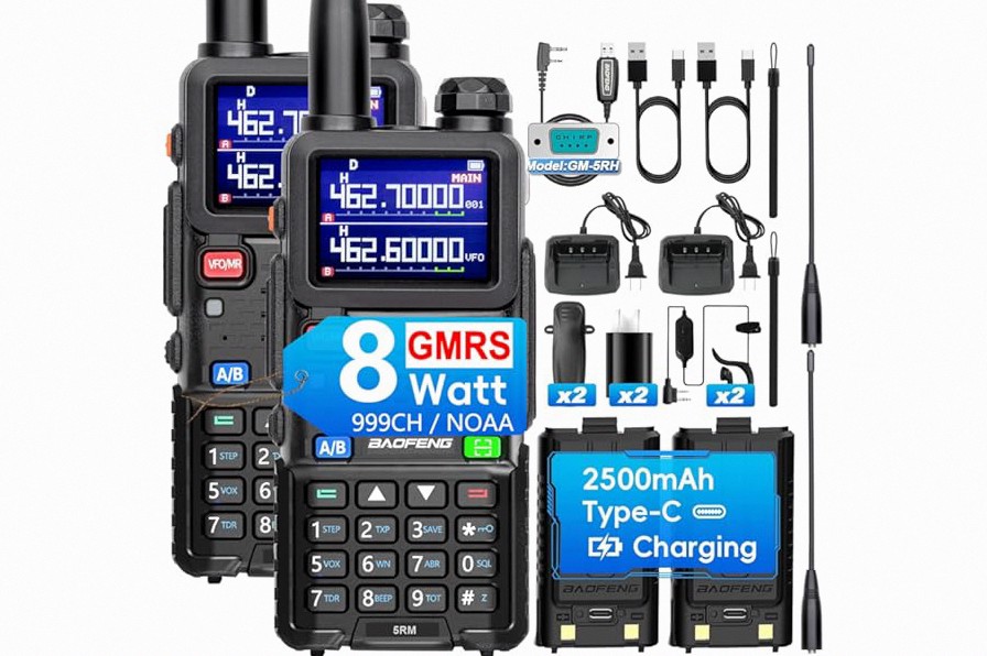 BAOFENG 5RM GMRS Handheld Radio, UV-5G Plus(4 x 2500mAh Batteries), Multi-Band Long Range 5W Two Way Radio with 999Channels NOAA Frequency Match Speaker Mic 805S & 8" & 15.5" Antennas-2 Pack Full kit product image